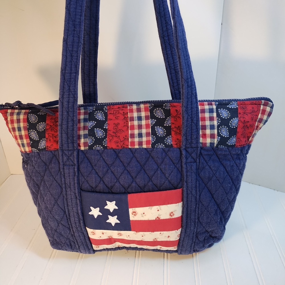 Quilted Keepers Patchwork Patriotic Tote Bag Blue Red White Americana Flag VTG
